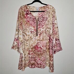 Catherines Womens 2X Tan Fuchsia 3/4 Sleeve Tunic Blouse Beadwork Artsy Fall Top